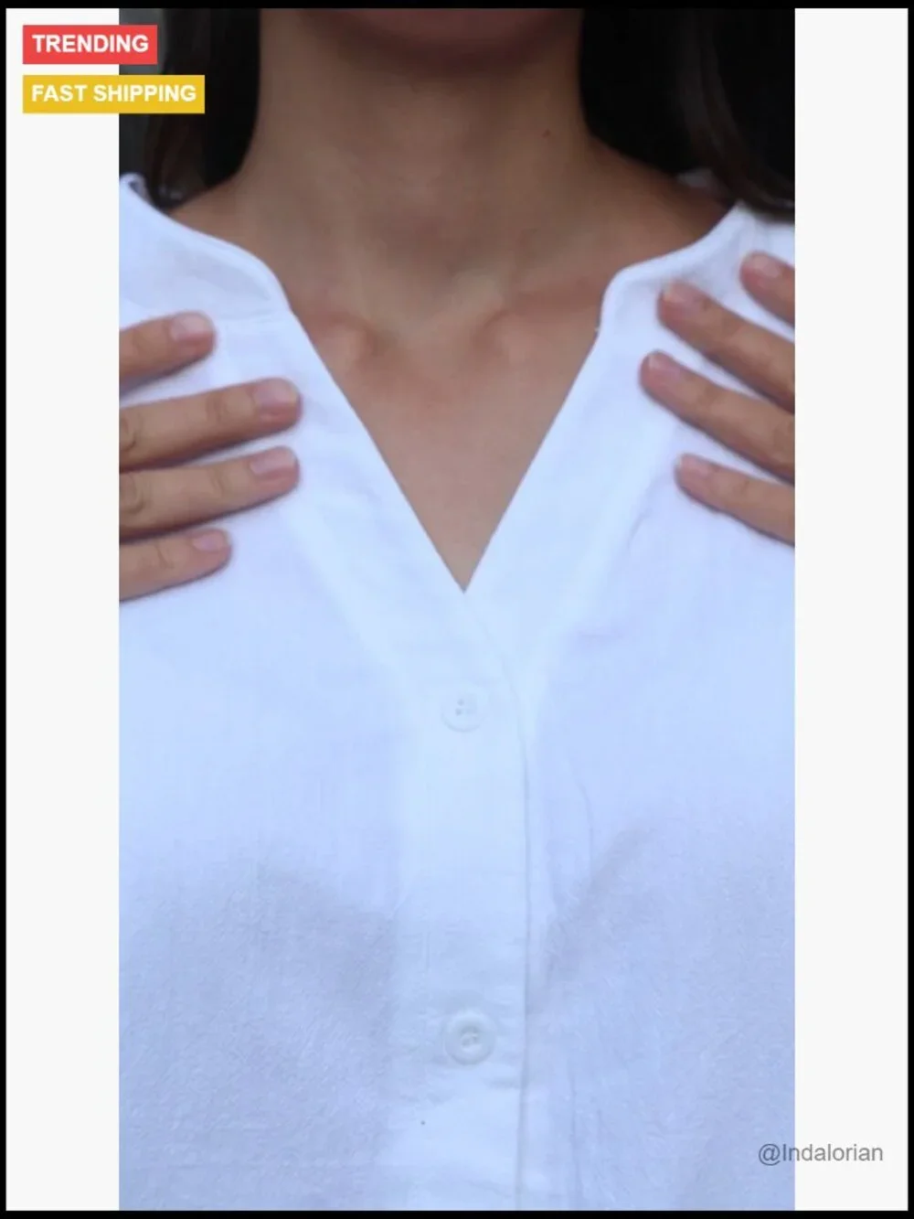 Cotton Linen 3/4 Sleeve Button Down Tunic Blouse Loose Fit V Neck - Picture 7 of 7